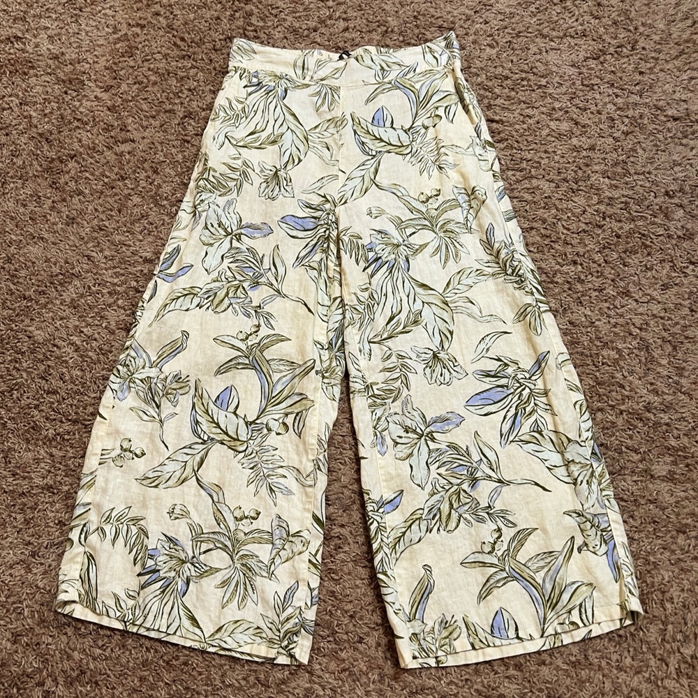 [Tahari] 100% Linen Pants Leaf Print Wide Leg Beachy Tropical Summer Medium